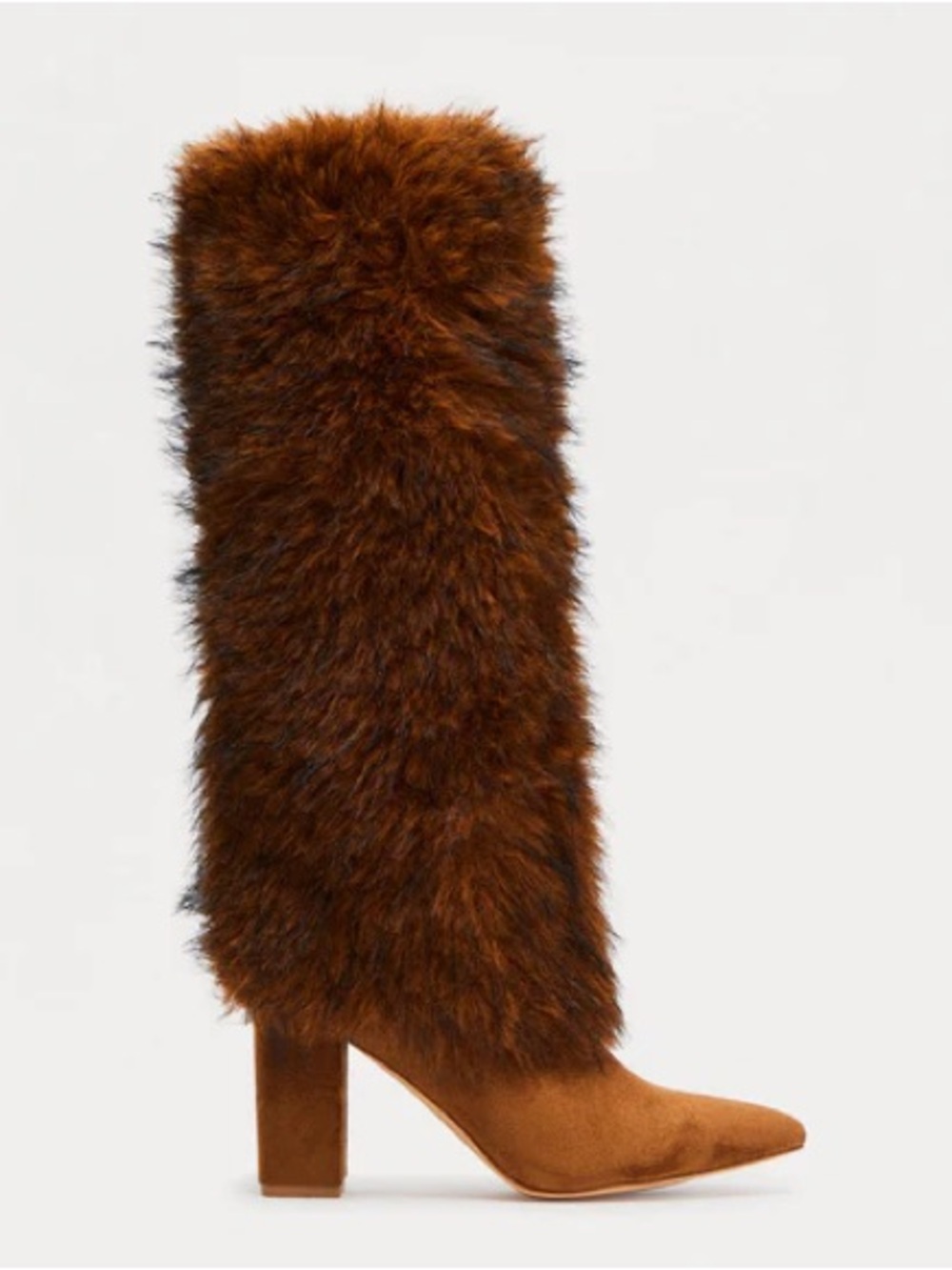 Faux Fur Knee-High Block Heel Boots - Brown